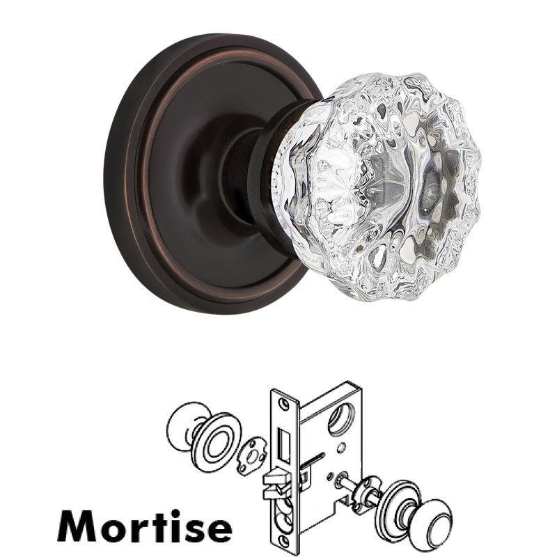 Complete Mortise Lockset with Keyhole - Classic Rosette with Crystal Glass Door Knob in Timeless Bronze