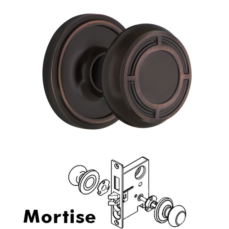 Complete Mortise Lockset with Keyhole - Classic Rosette with Mission Door Knob in Timeless Bronze
