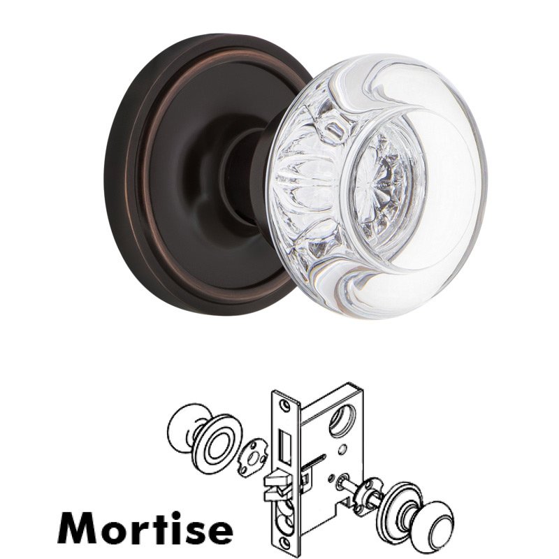 Complete Mortise Lockset with Keyhole - Classic Rosette with Round Clear Crystal Glass Door Knob in Timeless Bronze