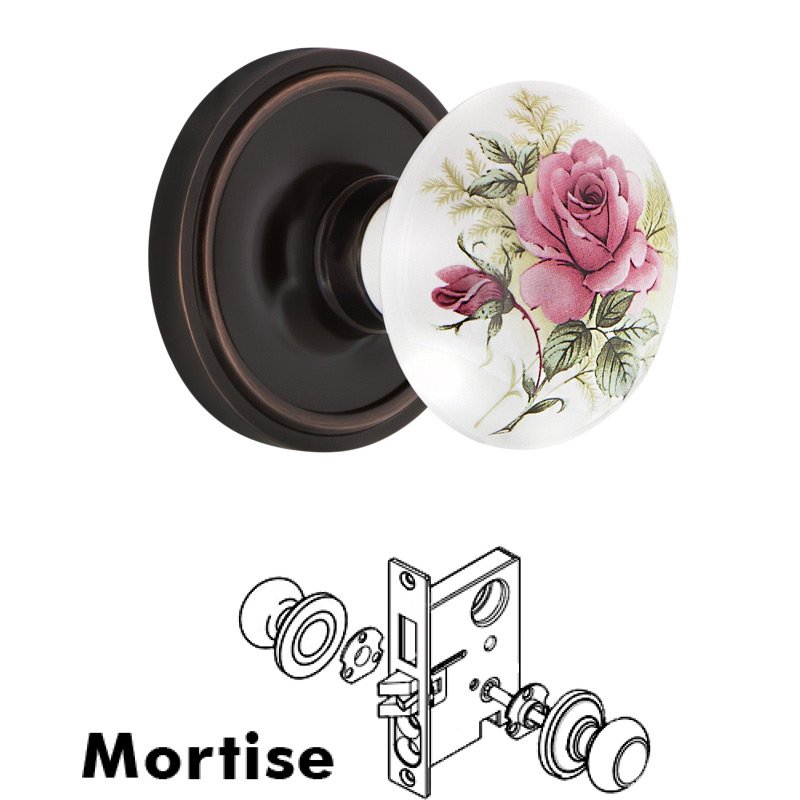 Complete Mortise Lockset with Keyhole - Classic Rosette with White Rose Porcelain Door Knob in Timeless Bronze