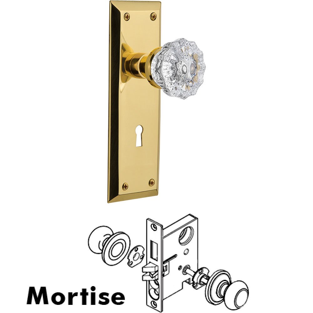 Mortise New York Plate with Crystal Knob and Keyhole in Unlacquered Brass