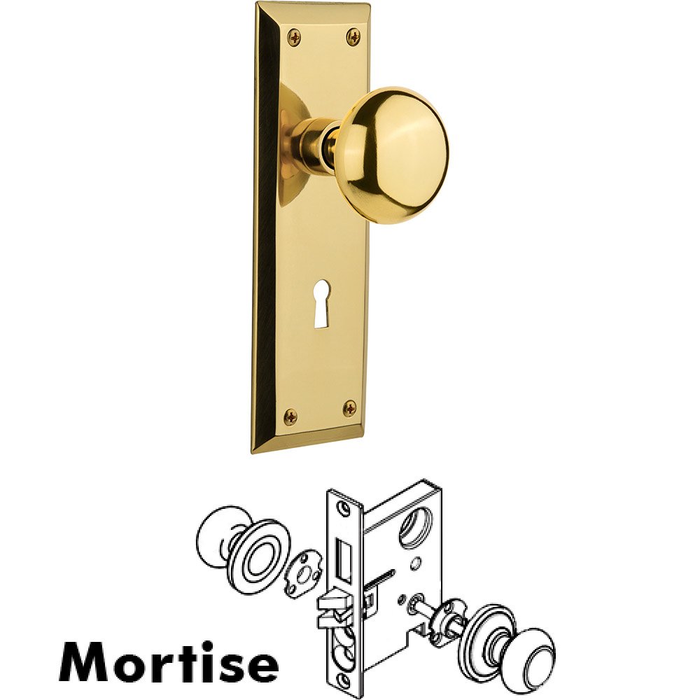 Mortise New York Plate with New York Knob and Keyhole in Unlacquered Brass