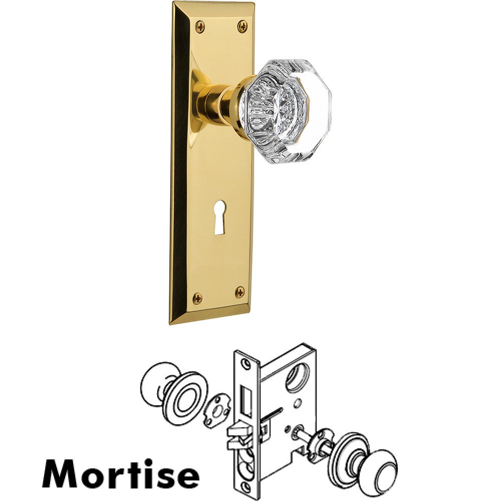 Mortise New York Plate with Waldorf Knob and Keyhole in Unlacquered Brass