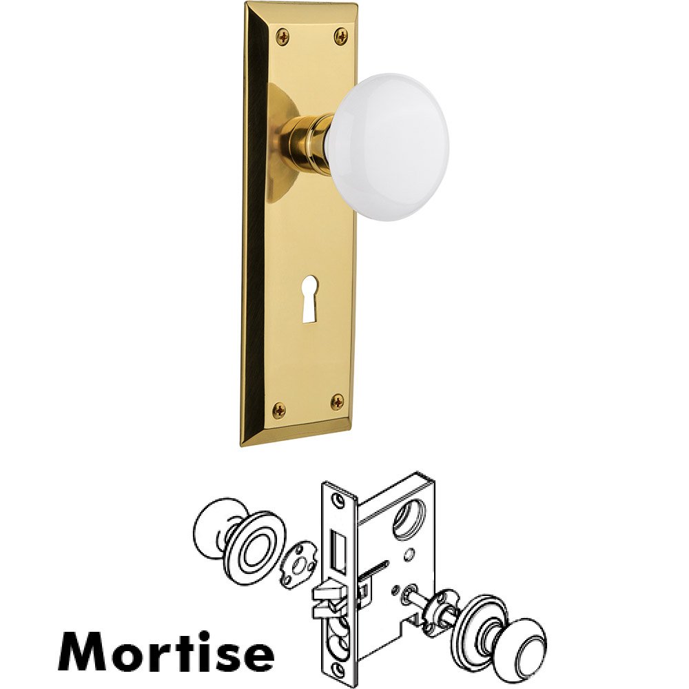 Mortise New York Plate with White Porcelain Knob and Keyhole in Unlacquered Brass
