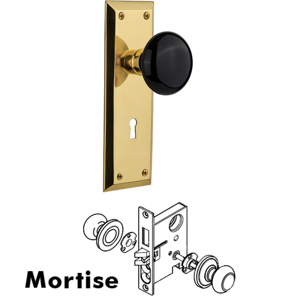 Mortise New York Plate with Black Porcelain Knob and Keyhole in Unlacquered Brass