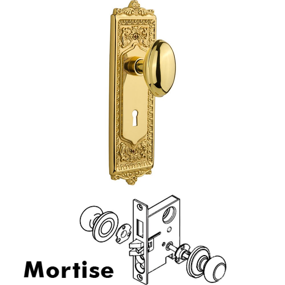 Mortise Egg and Dart Plate with Homestead Knob and Keyhole in Unlacquered Brass