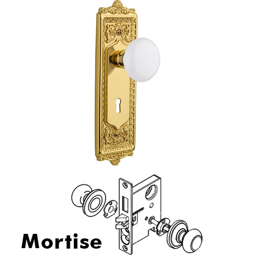 Mortise Egg and Dart Plate with White Porcelain Knob and Keyhole in Unlacquered Brass