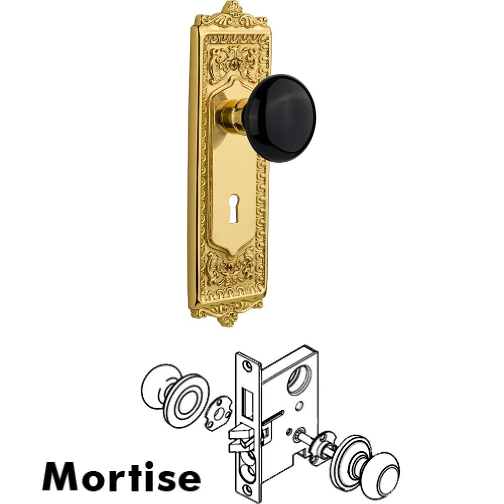 Mortise Egg and Dart Plate with Black Porcelain Knob and Keyhole in Unlacquered Brass