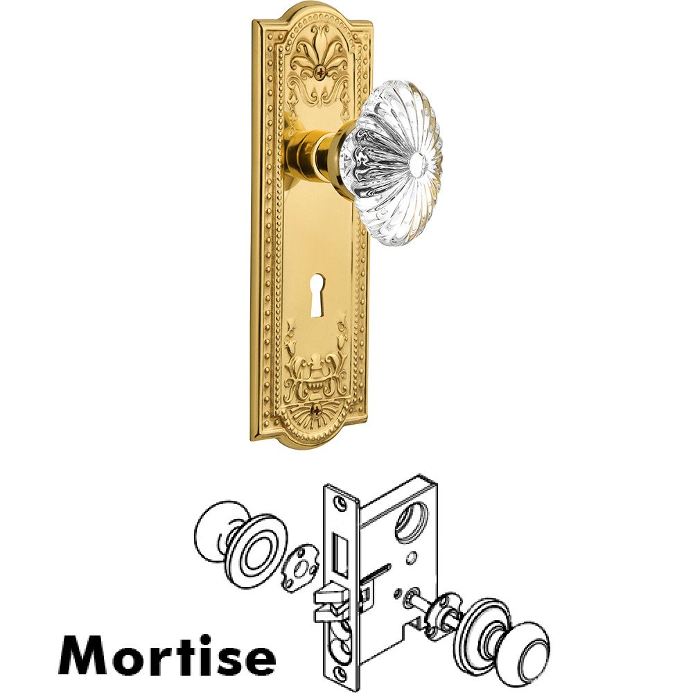 Mortise Meadows Plate with Oval Fluted Crystal Knob and Keyhole in Unlacquered Brass