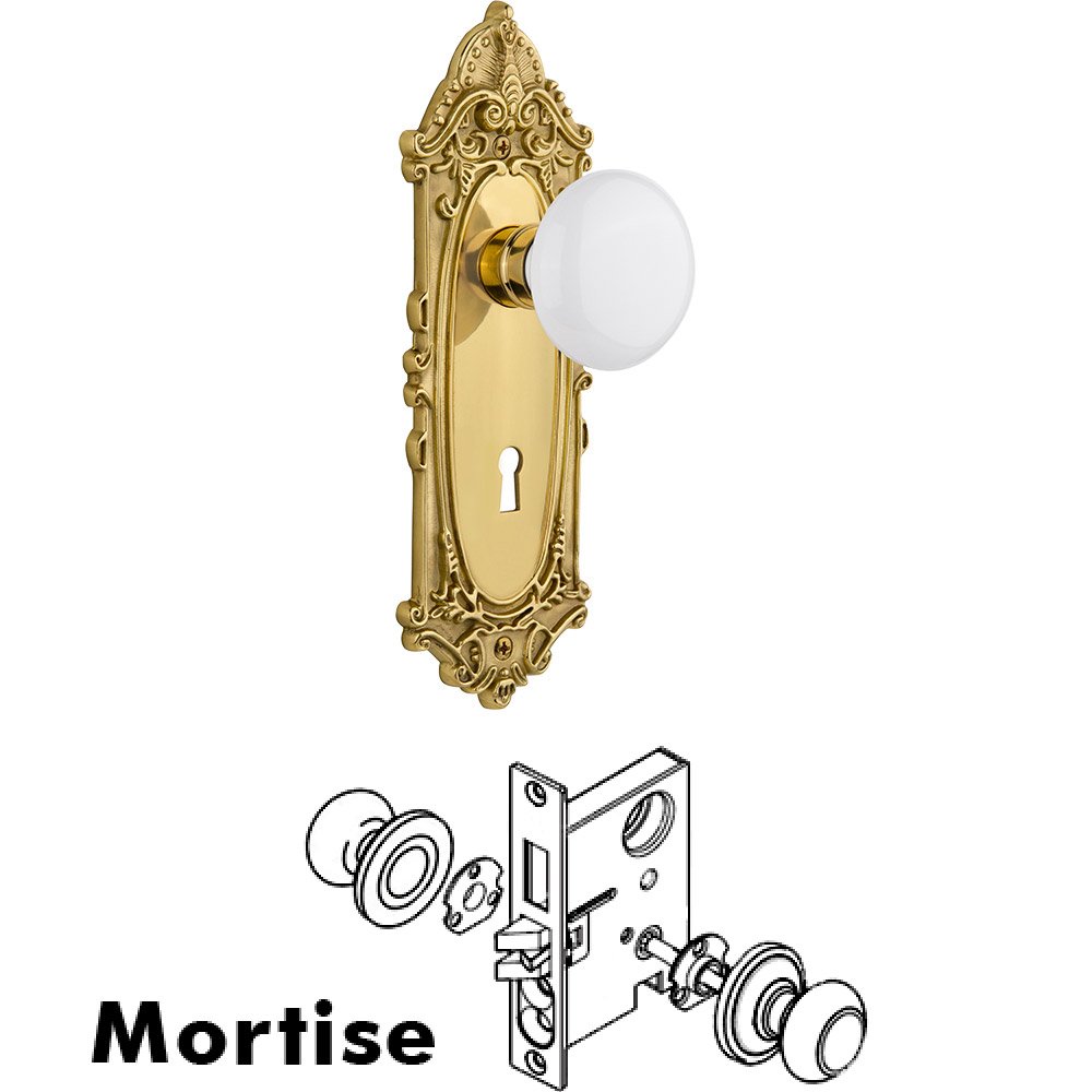 Mortise Victorian Plate with White Porcelain Knob and Keyhole in Unlacquered Brass