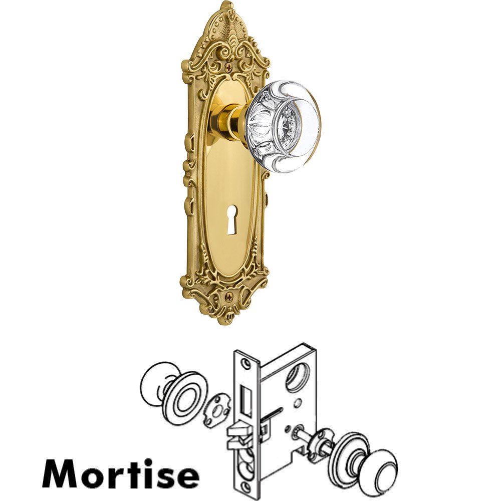 Mortise Victorian Plate with Round Clear Crystal Knob and Keyhole in Unlacquered Brass