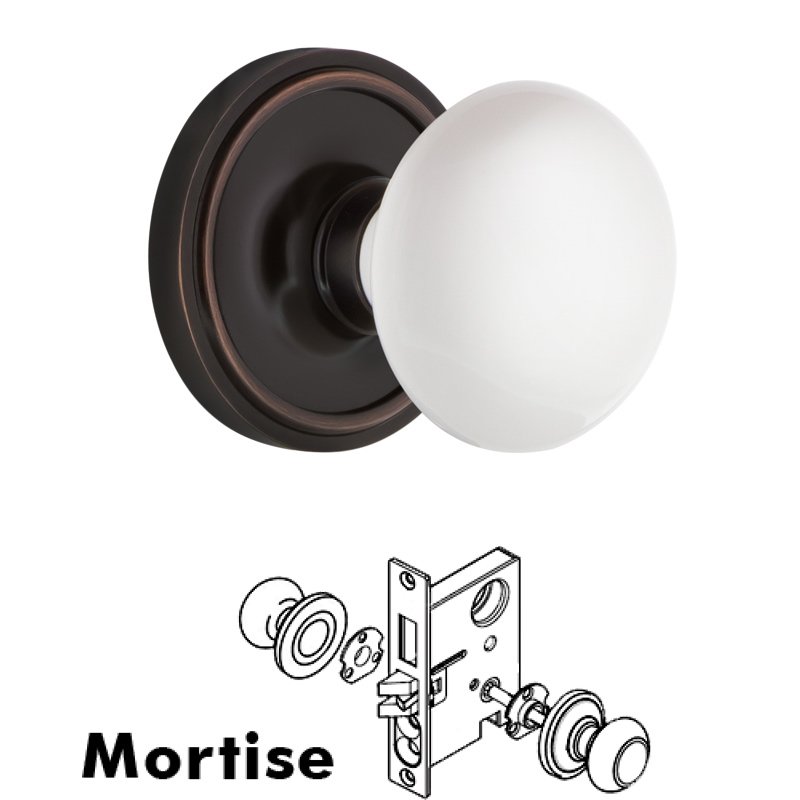 Complete Mortise Lockset with Keyhole - Classic Rosette with White Porcelain Door Knob in Timeless Bronze