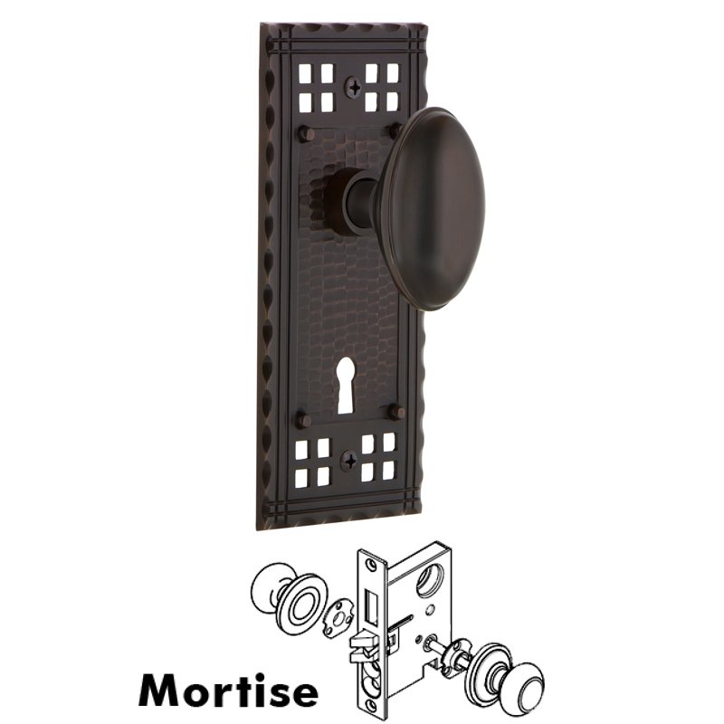Complete Mortise Lockset with Keyhole - Craftsman Plate with Homestead Door Knob in Timeless Bronze