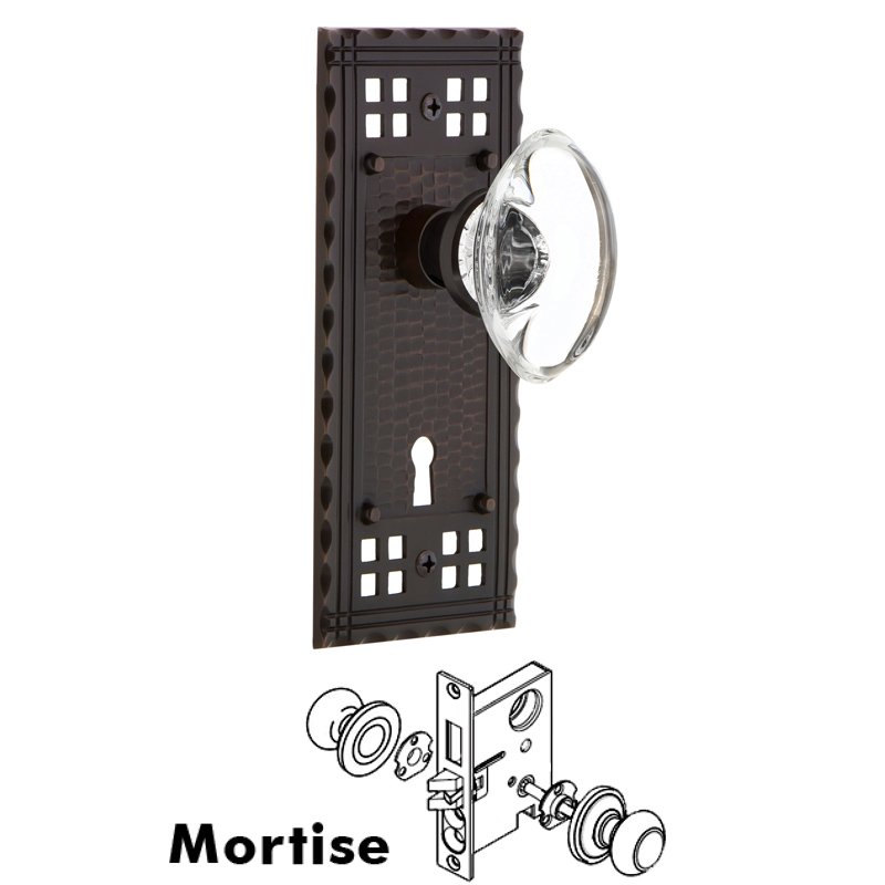 Complete Mortise Lockset with Keyhole - Craftsman Plate with Oval Clear Crystal Glass Door Knob in Timeless Bronze