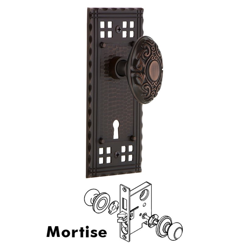 Complete Mortise Lockset with Keyhole - Craftsman Plate with Victorian Door Knob in Timeless Bronze