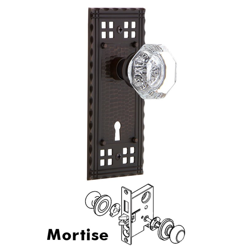 Complete Mortise Lockset with Keyhole - Craftsman Plate with Waldorf Door Knob in Timeless Bronze