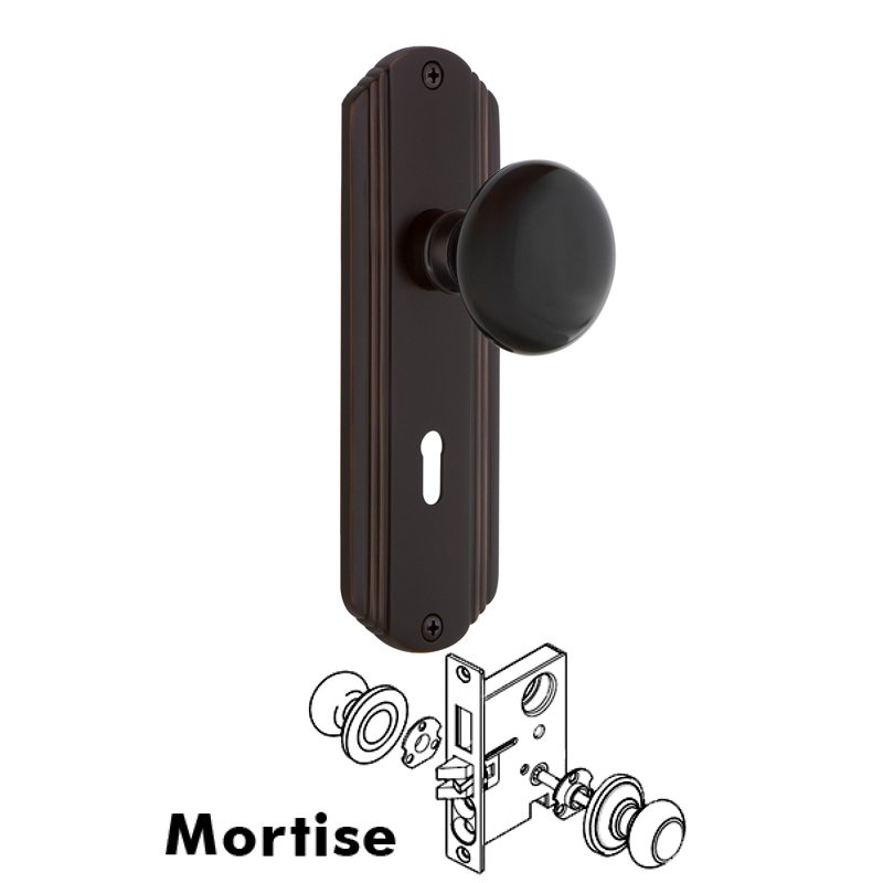 Complete Mortise Lockset with Keyhole - Deco Plate with Black Porcelain Door Knob in Timeless Bronze