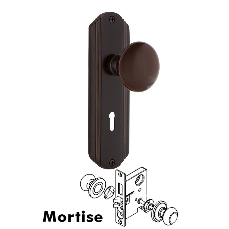 Complete Mortise Lockset with Keyhole - Deco Plate with Brown Porcelain Door Knob in Timeless Bronze