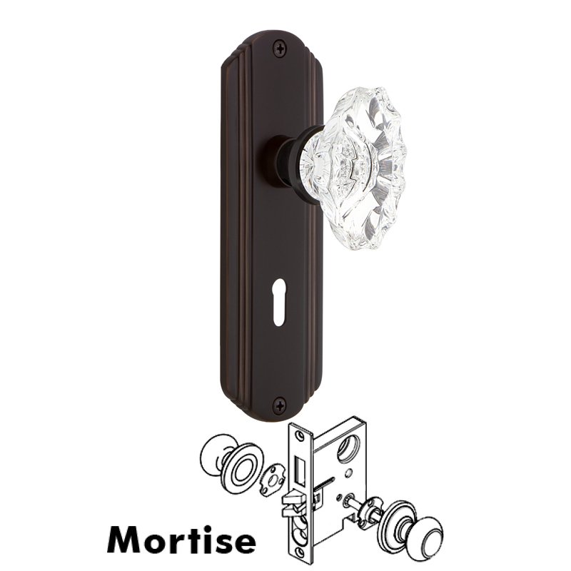Complete Mortise Lockset with Keyhole - Deco Plate with Chateau Door Knob in Timeless Bronze
