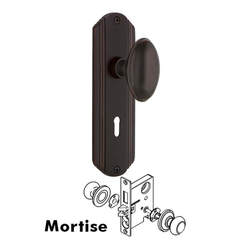 Complete Mortise Lockset with Keyhole - Deco Plate with Homestead Door Knob in Timeless Bronze