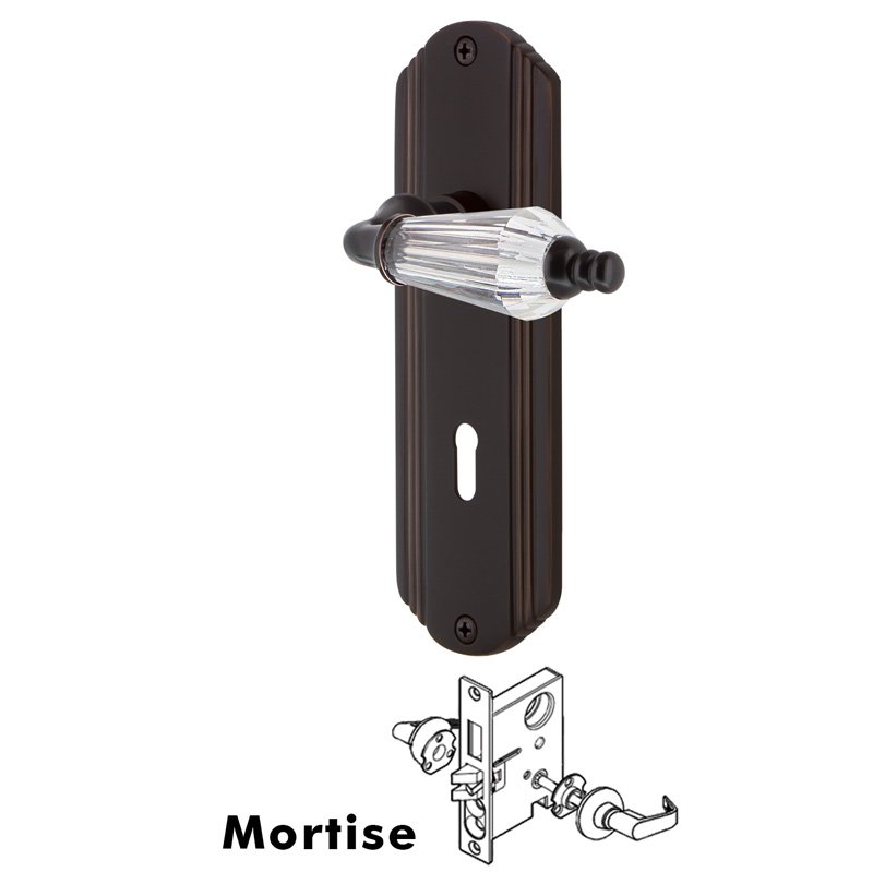 Complete Mortise Lockset with Keyhole - Deco Plate with Parlor Lever in Timeless Bronze