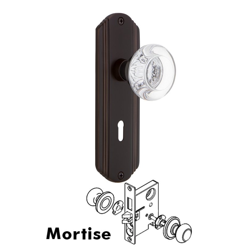 Complete Mortise Lockset with Keyhole - Deco Plate with Round Clear Crystal Glass Door Knob in Timeless Bronze
