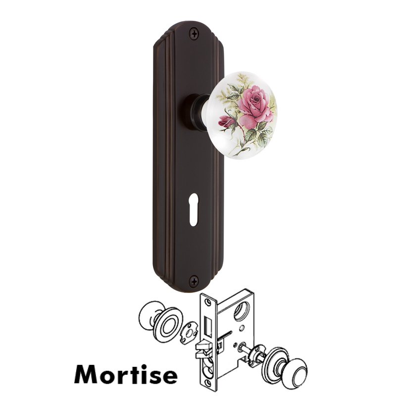 Complete Mortise Lockset with Keyhole - Deco Plate with White Rose Porcelain Door Knob in Timeless Bronze