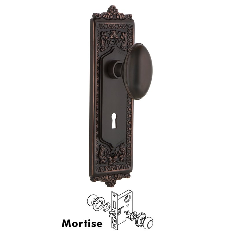 Complete Mortise Lockset with Keyhole - Egg & Dart Plate with Homestead Door Knob in Timeless Bronze
