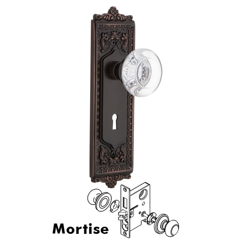 Complete Mortise Lockset with Keyhole - Egg & Dart Plate with Round Clear Crystal Glass Door Knob in Timeless Bronze