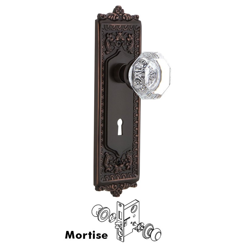 Complete Mortise Lockset with Keyhole - Egg & Dart Plate with Waldorf Door Knob in Timeless Bronze