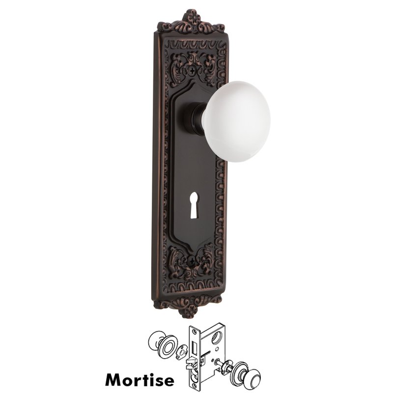 Complete Mortise Lockset with Keyhole - Egg & Dart Plate with White Porcelain Door Knob in Timeless Bronze