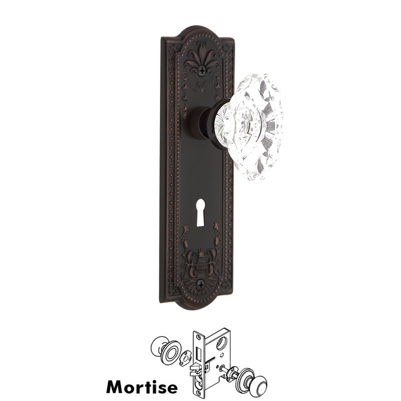 Complete Mortise Lockset with Keyhole - Meadows Plate with Chateau Door Knob in Timeless Bronze