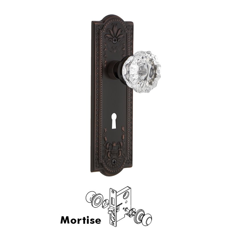 Complete Mortise Lockset with Keyhole - Meadows Plate with Crystal Glass Door Knob in Timeless Bronze