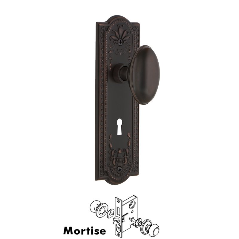 Complete Mortise Lockset with Keyhole - Meadows Plate with Homestead Door Knob in Timeless Bronze