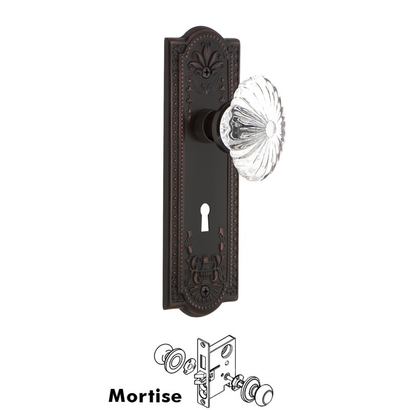 Complete Mortise Lockset with Keyhole - Meadows Plate with Oval Fluted Crystal Glass Door Knob in Timeless Bronze