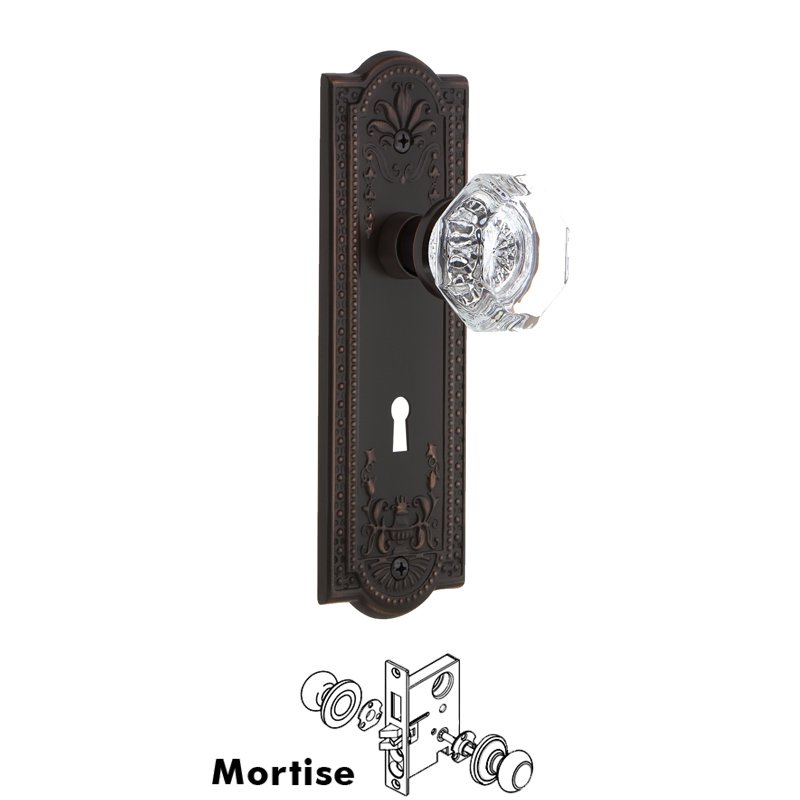 Complete Mortise Lockset with Keyhole - Meadows Plate with Waldorf Door Knob in Timeless Bronze