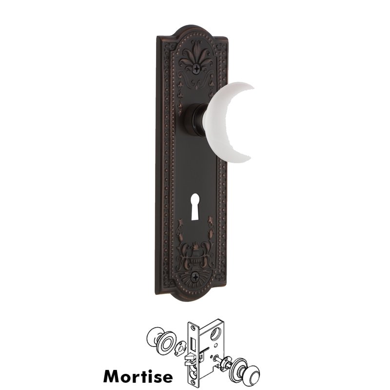 Complete Mortise Lockset with Keyhole - Meadows Plate with White Porcelain Door Knob in Timeless Bronze