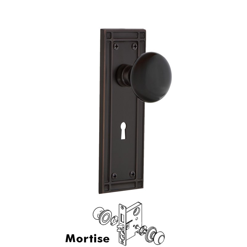 Complete Mortise Lockset with Keyhole - Mission Plate with Black Porcelain Door Knob in Timeless Bronze