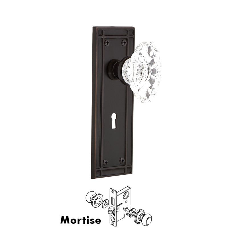 Complete Mortise Lockset with Keyhole - Mission Plate with Chateau Door Knob in Timeless Bronze