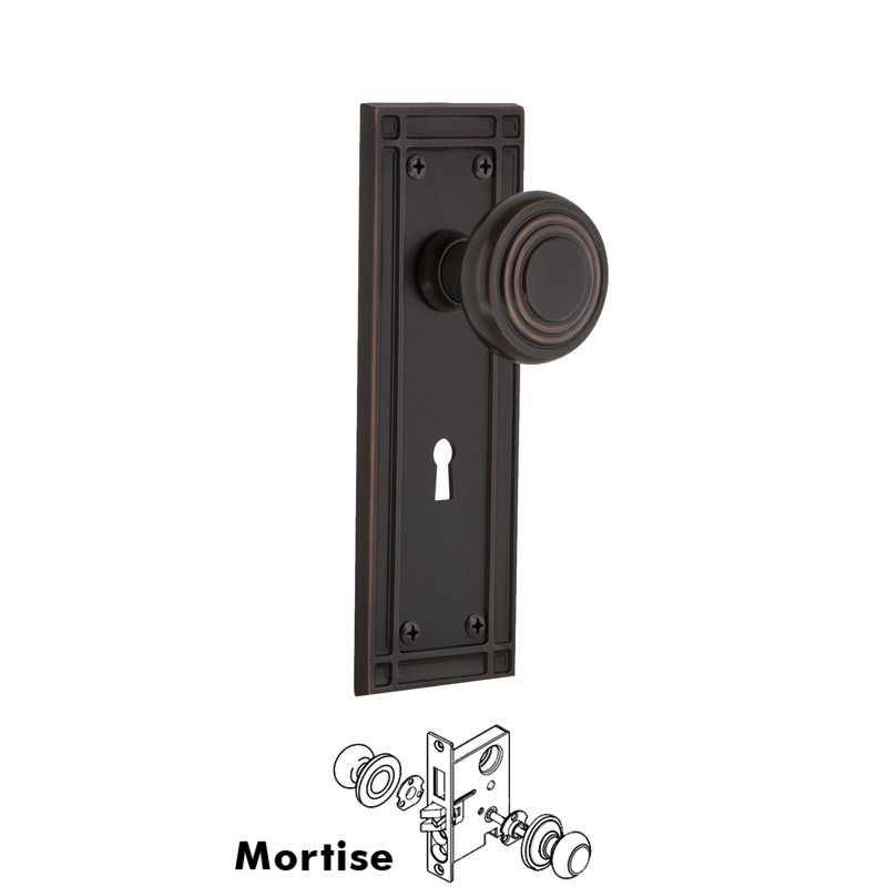 Complete Mortise Lockset with Keyhole - Mission Plate with Deco Door Knob in Timeless Bronze