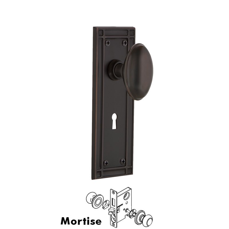Complete Mortise Lockset with Keyhole - Mission Plate with Homestead Door Knob in Timeless Bronze