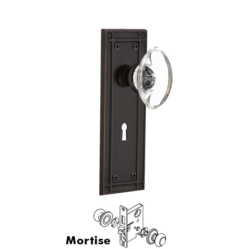 Complete Mortise Lockset with Keyhole - Mission Plate with Oval Clear Crystal Glass Door Knob in Timeless Bronze