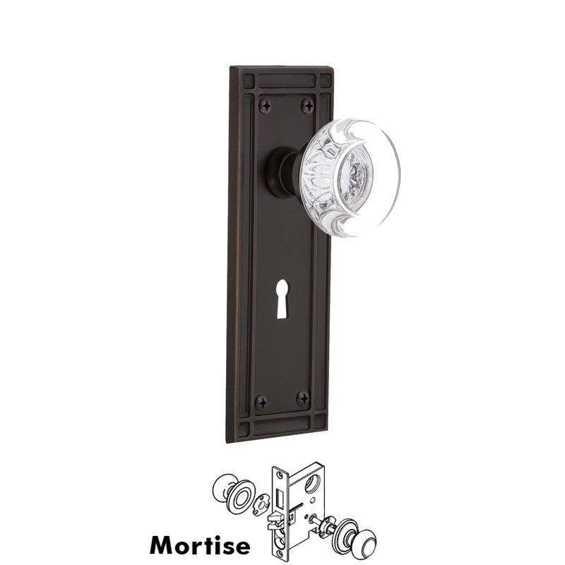 Complete Mortise Lockset with Keyhole - Mission Plate with Round Clear Crystal Glass Door Knob in Timeless Bronze