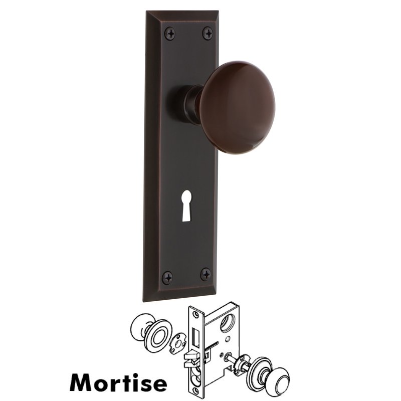 Complete Mortise Lockset with Keyhole - New York Plate with Brown Porcelain Door Knob in Timeless Bronze