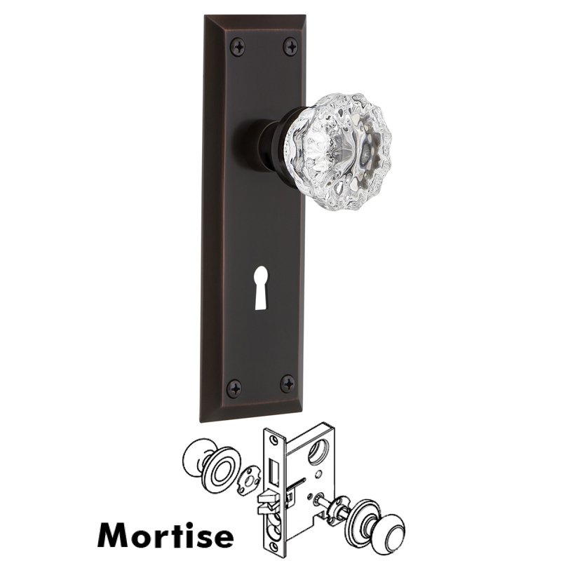 Complete Mortise Lockset with Keyhole - New York Plate with Crystal Glass Door Knob in Timeless Bronze