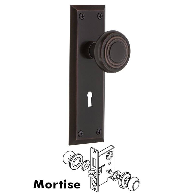 Complete Mortise Lockset with Keyhole - New York Plate with Deco Door Knob in Timeless Bronze
