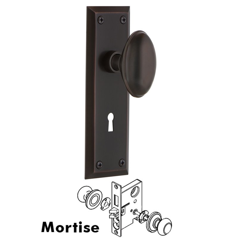 Complete Mortise Lockset with Keyhole - New York Plate with Homestead Door Knob in Timeless Bronze