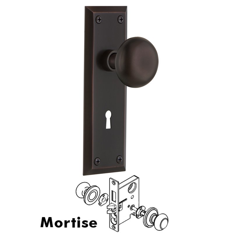 Complete Mortise Lockset with Keyhole - New York Plate with New York Door Knobs in Timeless Bronze