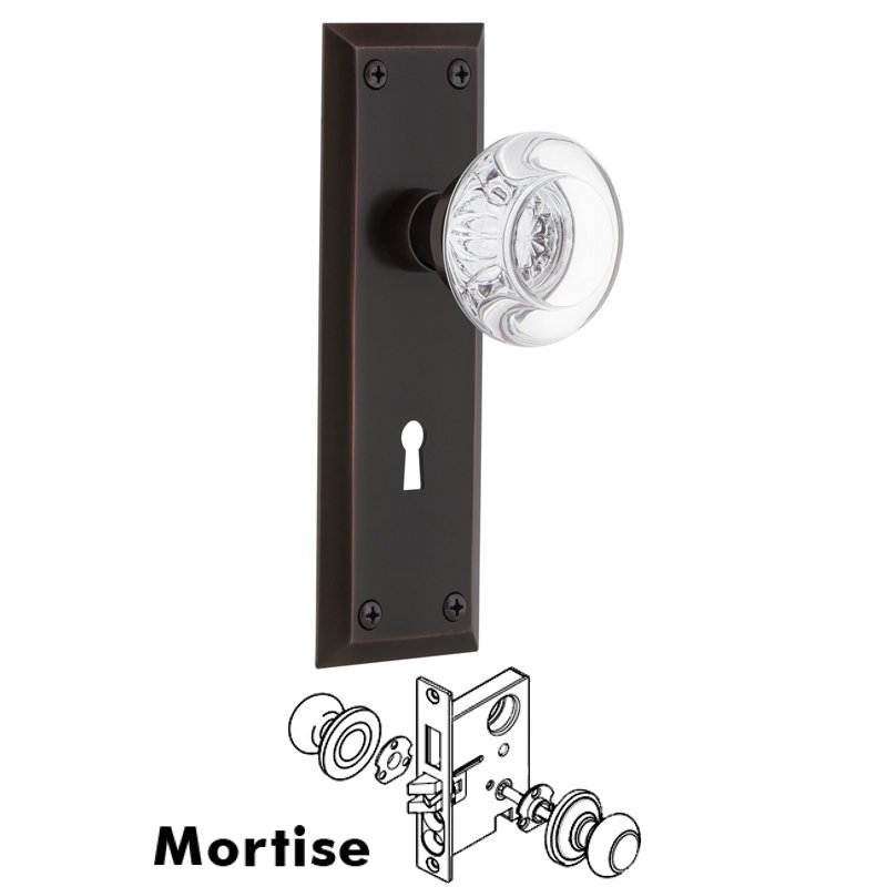 Complete Mortise Lockset with Keyhole - New York Plate with Round Clear Crystal Glass Door Knob in Timeless Bronze
