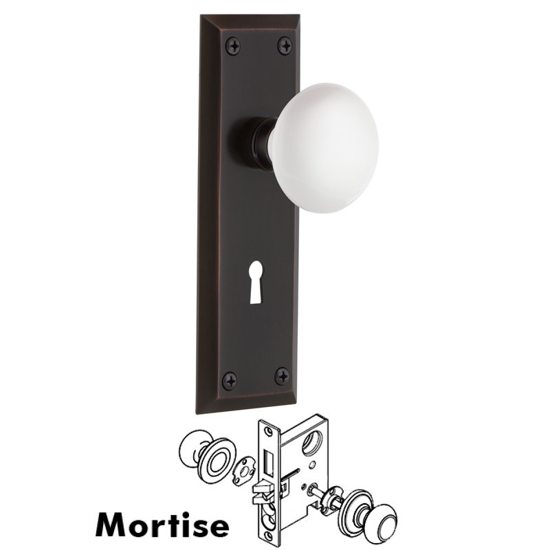 Complete Mortise Lockset with Keyhole - New York Plate with White Porcelain Door Knob in Timeless Bronze
